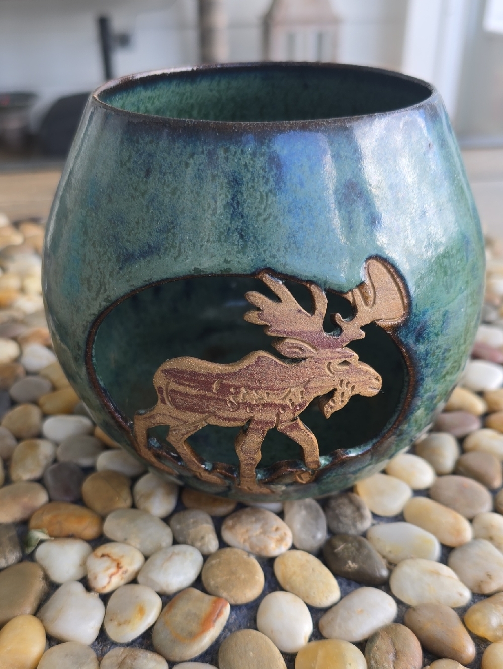 Rustic Green Handmade Glazed Ceramic Votive with Moose Cutout - Picture 3 of 16